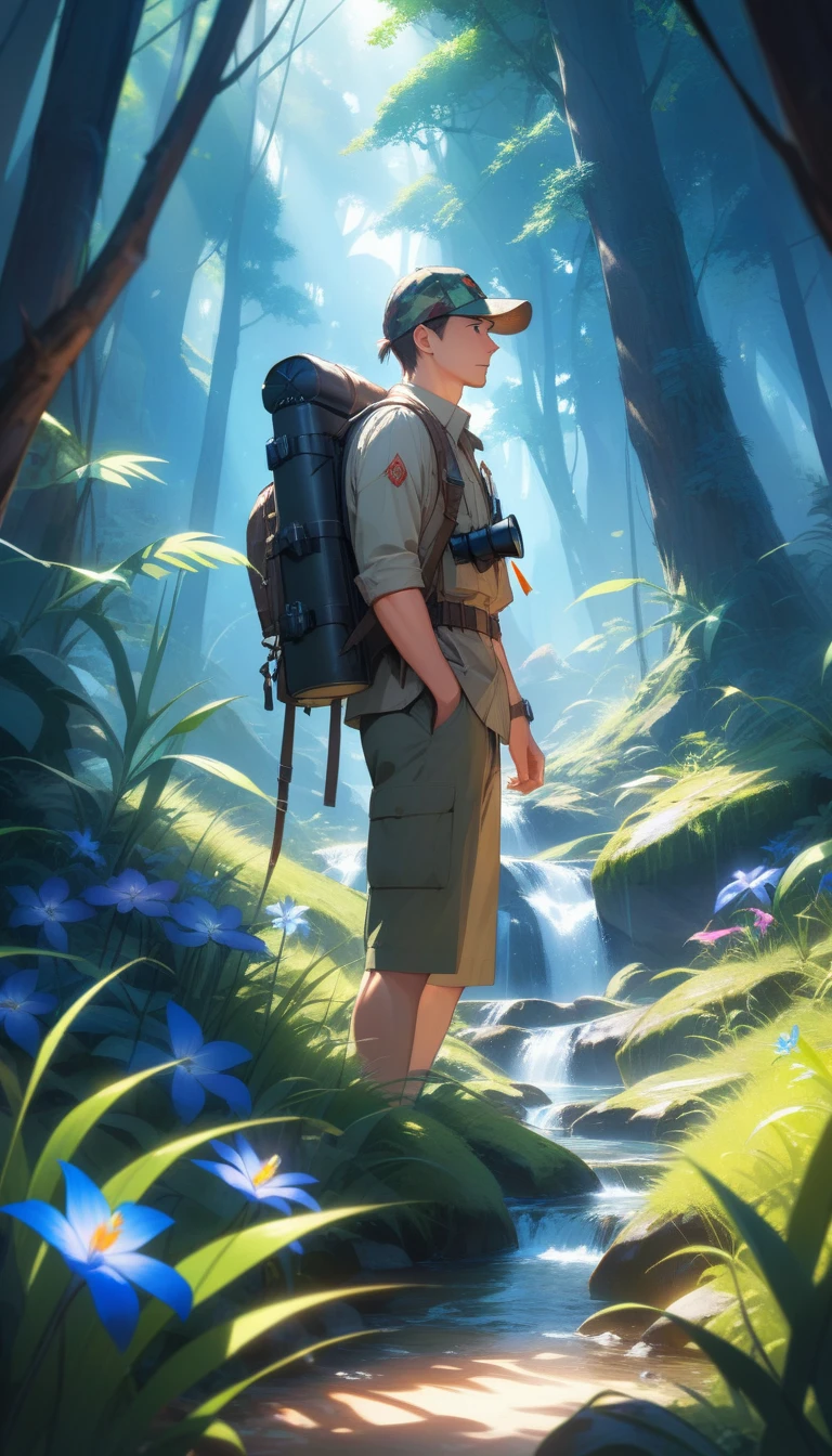 A man wearing safari camouflage、Close-up of man standing in deep mountain jungle with backpack and binoculars, Beautiful light and shadow explored deep in the forest, Strange flowers, exotic grass, Mountain streams,