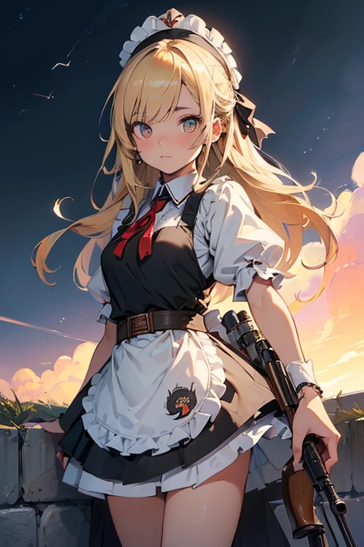 ((Highest quality:1.6)), ((masterpiece)), (detailed), (Perfect Face), (detailedなイラスト:1.6), (Ultra-high resolution:1.6), girl, Concentrated face, cute, Blonde, Small breasts, Black and white maid outfit, Blue ribbon, White apron, Gothic maid outfit, Long, Above the Battlements, On the wall, Defend the castle, European Castles(Sniperrifleで狙撃:1.6), Sniper, Sniper, ロングレンジrifle, Sniperrifleを構えてる, rifle, gun, 