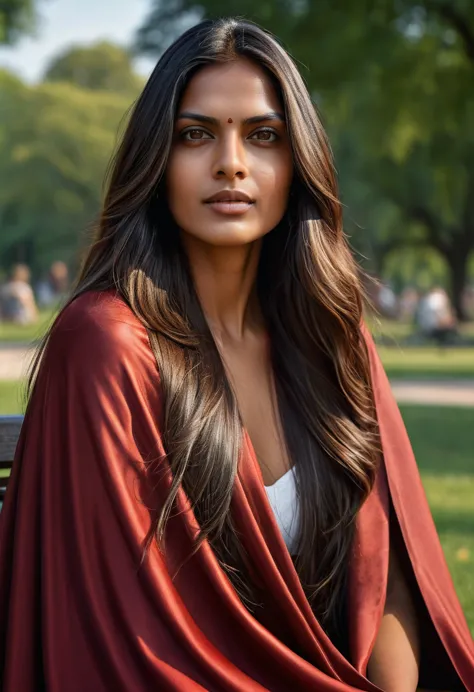 portrait of a confident-looking indian woman with long flowing hair, hazel eyes, with topless flowing capes, sitting in the park...