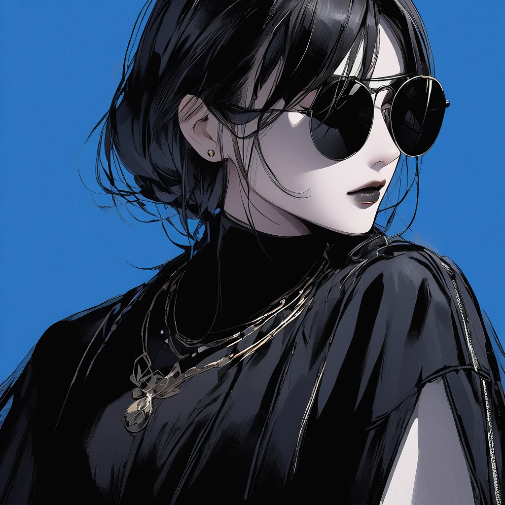 a woman wearing sunglasses and a necklace, with her face partially obscured by the sunglasses. She appears to be looking at something, possibly a camera or a person nearby. The woman is wearing a black dress, which contrasts with the blue background of the image. The sunglasses and necklace are noticeable elements of her outfit, adding a stylish and fashionable touch to her appearance.