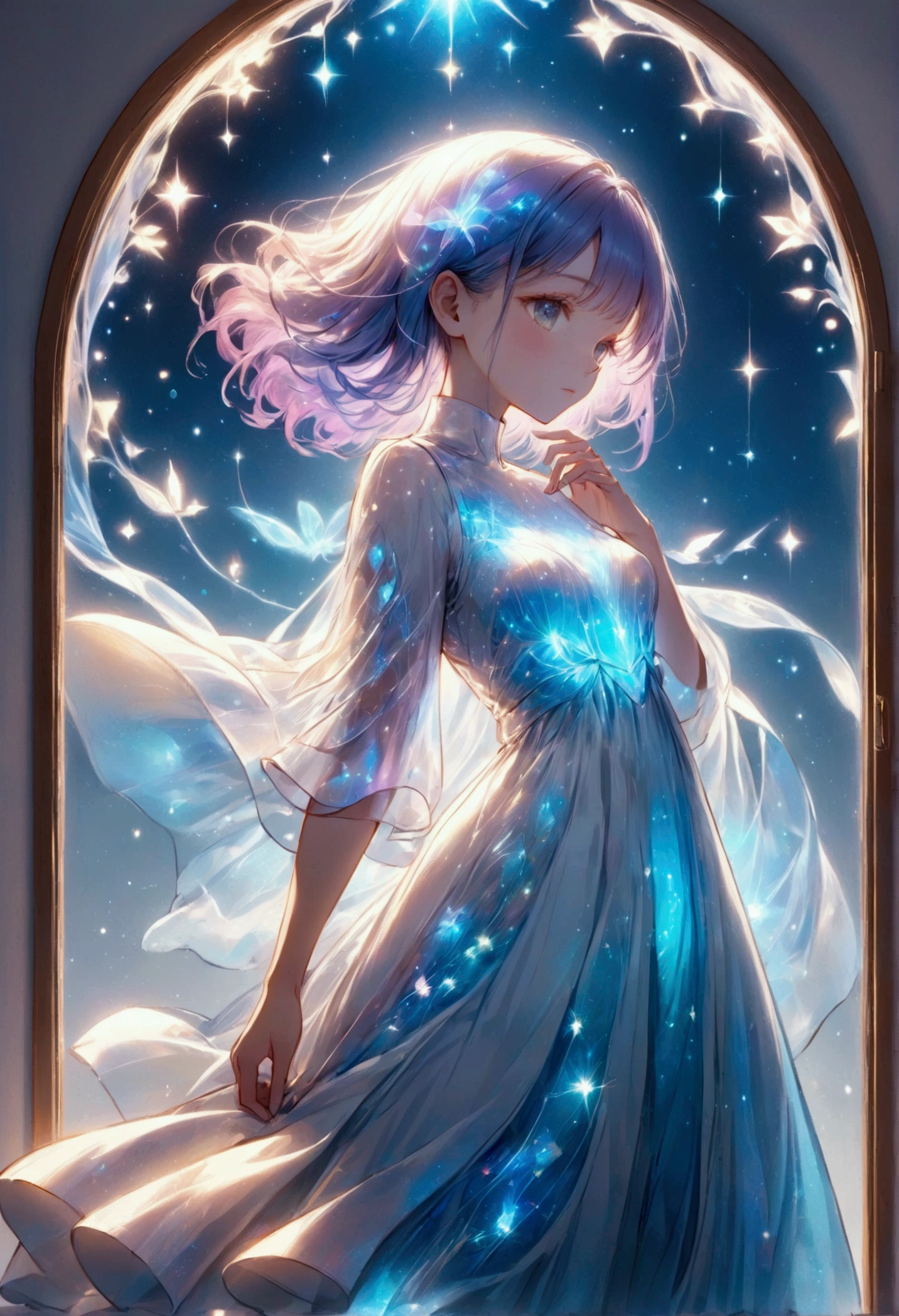 sketch,Pastel colored girl,Draw the outline in white,Gentle colors,White casual clothes that sparkle in the reflected light,,bioluminescent dress,Fantasy,dream