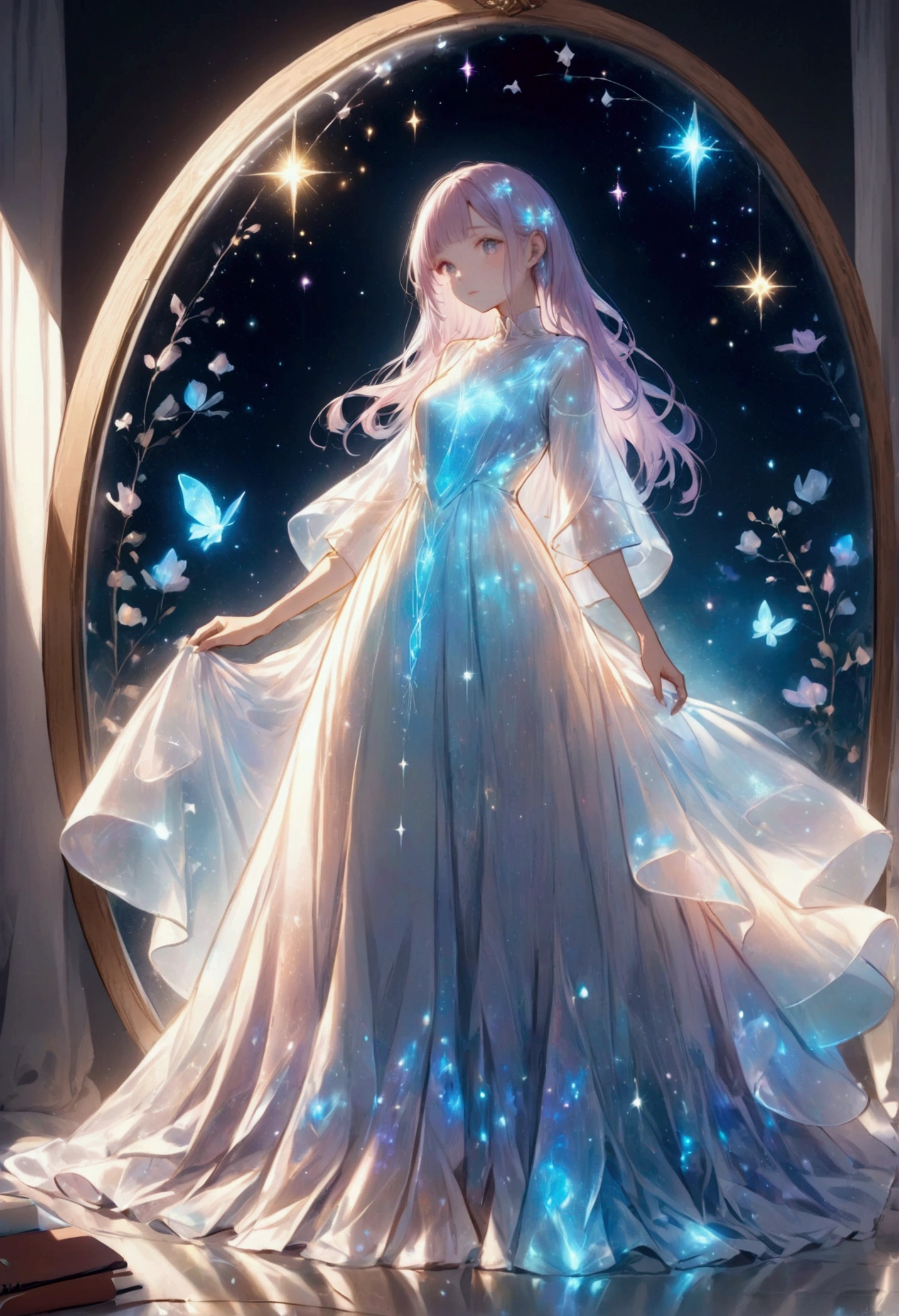 esboço,menina cor pastel,Desenhe o contorno em branco,Cores suaves,Roupas casuais brancas que brilham na luz refletida,,bioluminescent dress,fantasia,sonhar