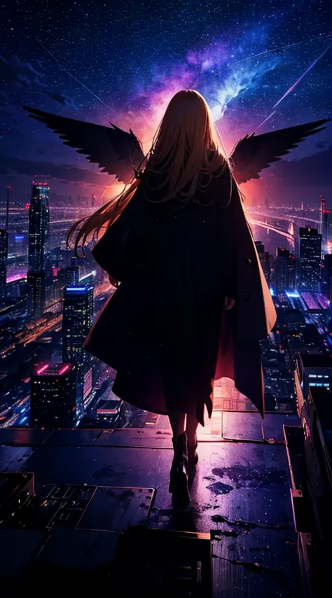 １people々々々々々々,Blonde long-haired woman，Long coat， Dress Silhouette， Rear View，Spreading Wings of Malice，Space Sky, comet, Anime ...