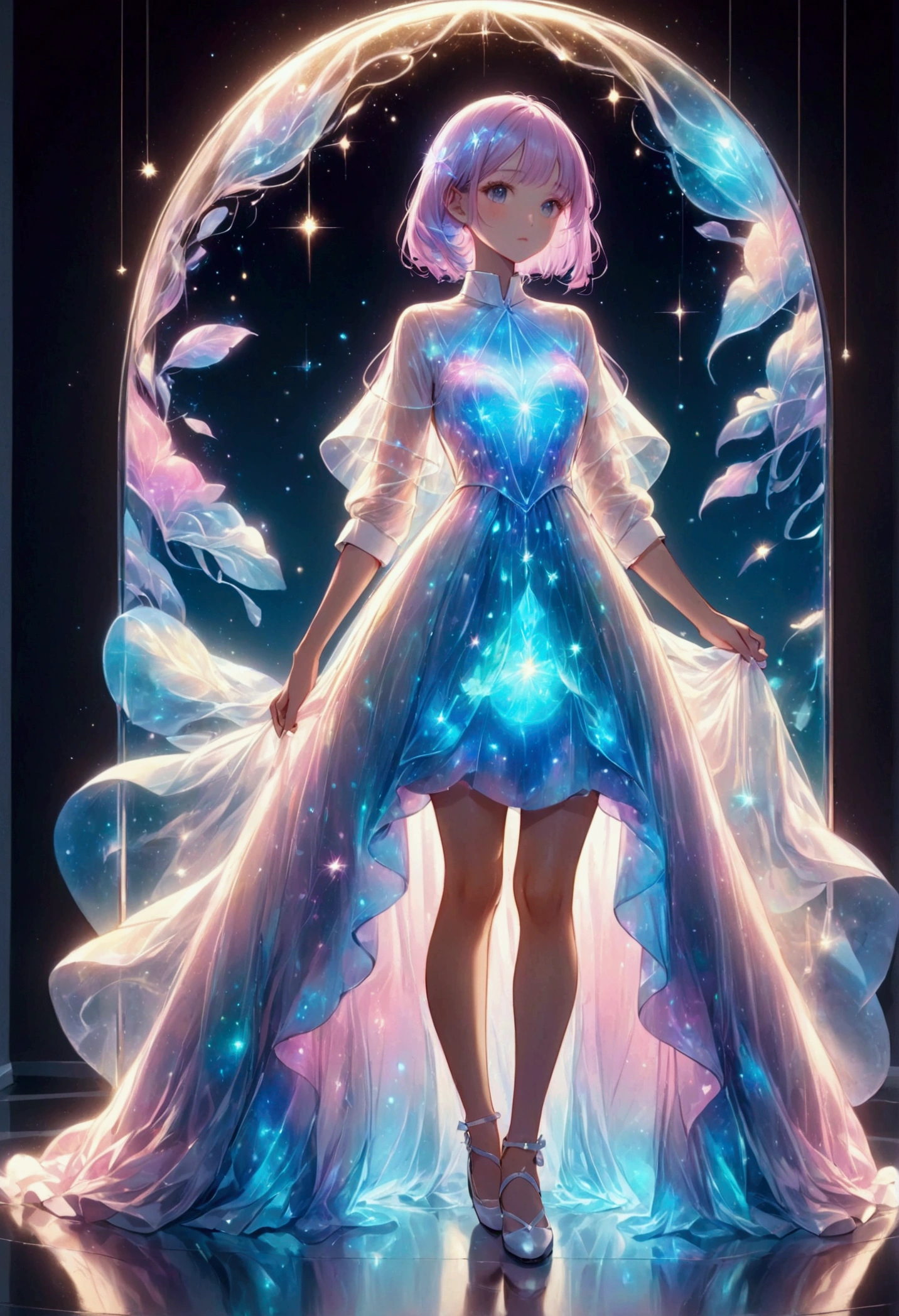 menina cor pastel,Desenhe um contorno branco,Cores suaves,Roupas casuais brancas que brilham na luz refletida,,bioluminescent dress,fantasia,sonhar