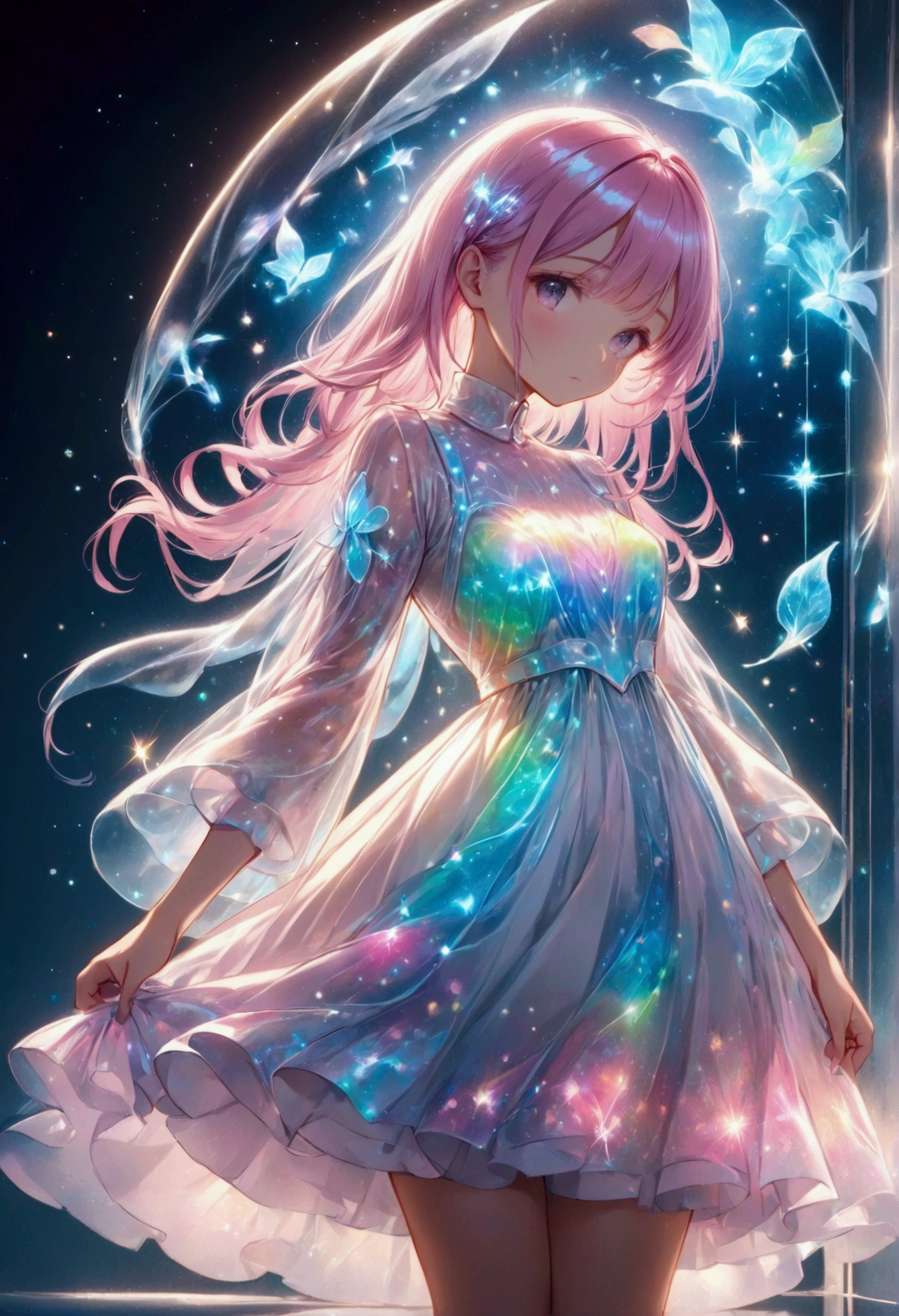 menina cor pastel,Desenhe um contorno branco,Cores suaves,Roupas casuais brancas que brilham na luz refletida,,bioluminescent dress,fantasia,sonhar