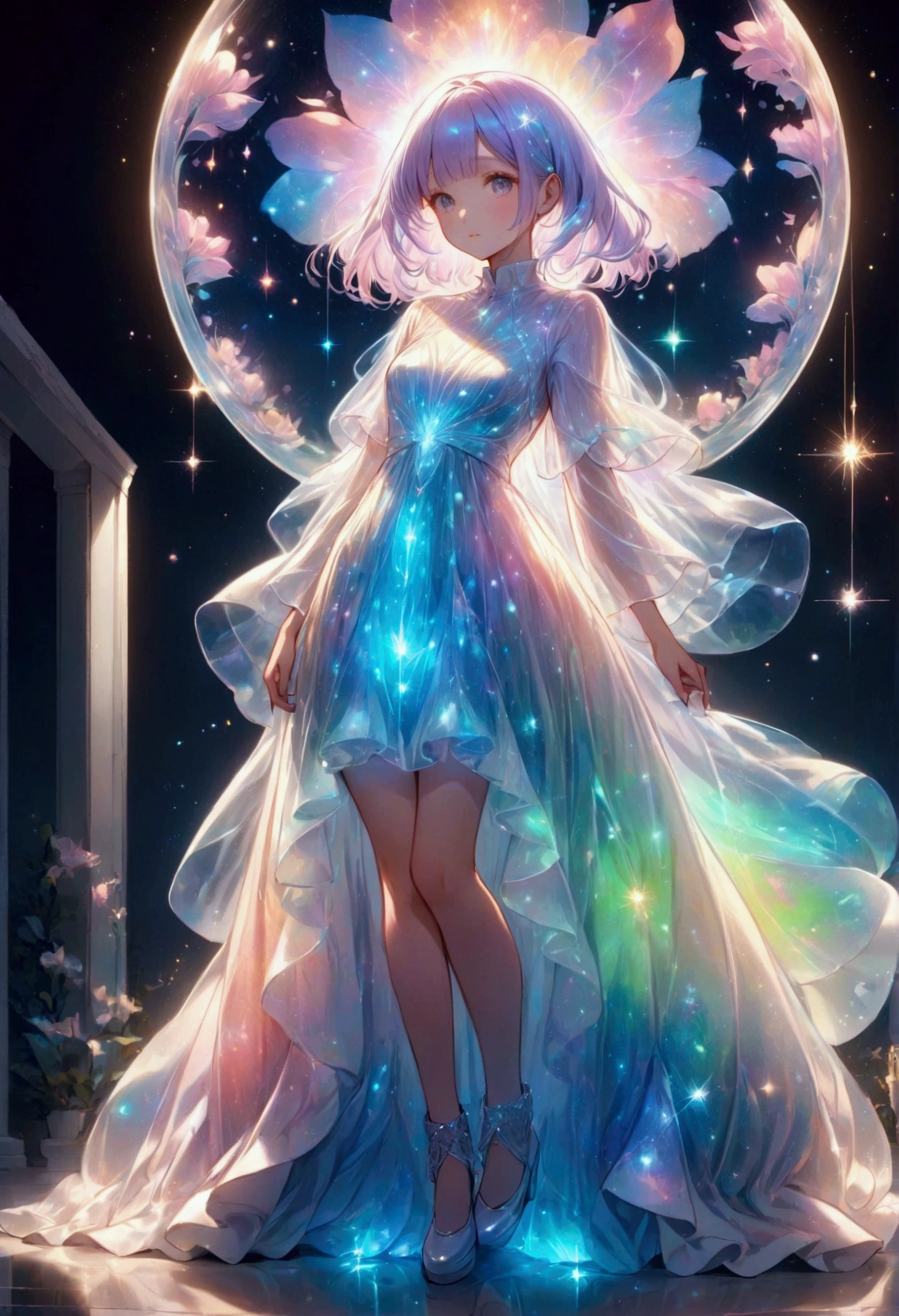 Pastel colored girl,Draw a white outline,Gentle colors,White casual clothes that sparkle in the reflected light,,bioluminescent dress,Fantasy,dream