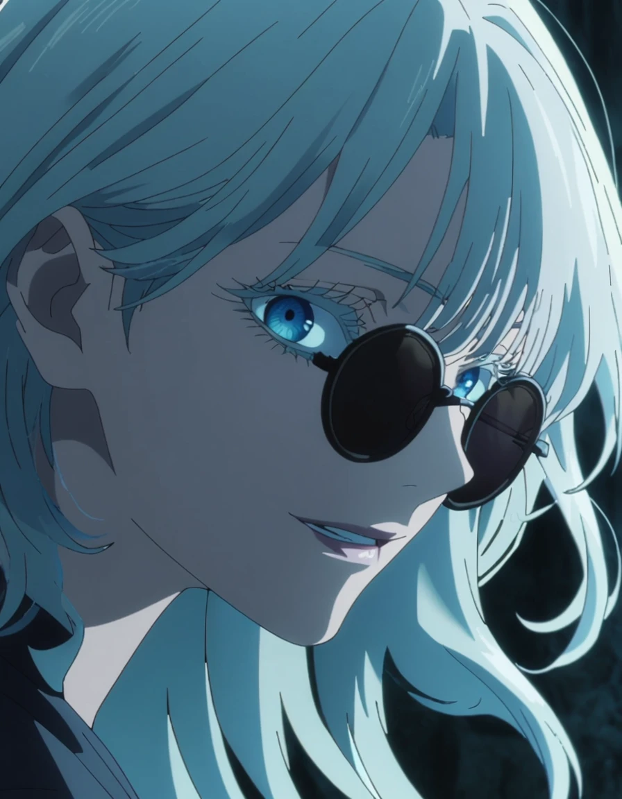 1girl, female gojo satoru, anime screencap from jujutsu kaisen, gojo satoru female version, solo, long_hair, black round sunglasses, blue_eyes, white eyelashes, parted_lips, smiling, looking_at_viewer, perfect background, indoors, side view, white_hair, bangs, eyelashes, face portrait, black_shirt, shirt, hair_between_eyes, floating hair, (curly hair) ((moonlight on the character)) [[blue colour tone in the image]]