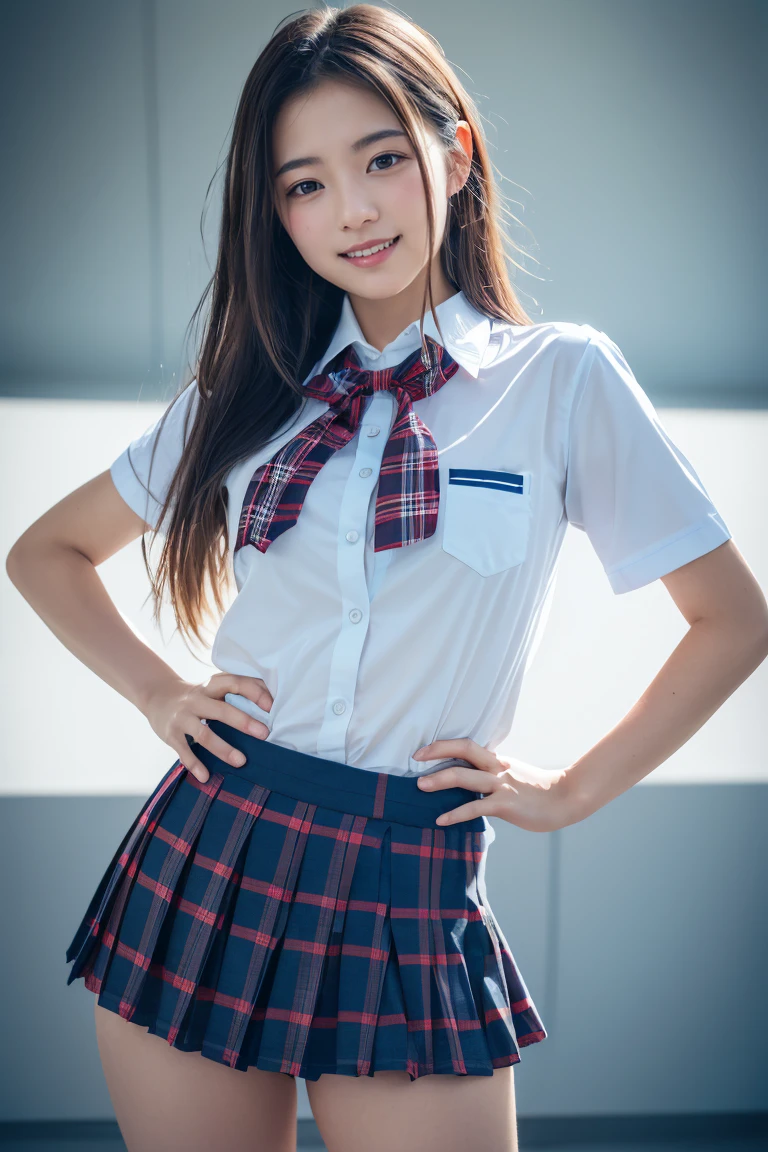 ((school uniform)),ribbon at neck,(school uniform and ((Plaid navy skirt)) and white shirt:1.1), Skin color, big , smile, (8k, RAW Photos, Highest quality, masterpiece:1.2), masterpiece, super detailed, super high quality, (Realistic and Realistic photography:1. 37), High-resolution RAW color photos, Very delicate and beautiful, highly detailed, 8k壁紙, wonderful, detailed, Very eye, very detailed, very detailed skin, very thin fingers, very detailed nose, very detailed mouth, Perfect Anatomy, Upper Body, studio, Soft lighting, A full-body shot of a cute idol wearing a one-piece swimsuit, Playful pose, Hands on hips, smile, Pastel Background, Realistic, Attention to detail, studio photography