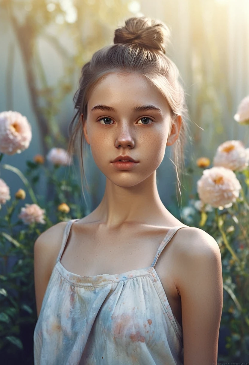 (Kinofoto: 1.3) off (Real: 1.3), (comfortable: 1.3) Beautiful 12 year old girl, (difficult messy bun of light brown hair), высокодеталoffированная текстура кожи, sslim shoulders, realistic texture кожи, looks directly into the camera, (looks at the viewer), Schmollmund, cake, shine, dramatic, dreamy, Pastel flower garden, thin, sslim, soft, Высокая деталoffация, difficult, digital drawing, fantasy themed,sslim , bare belly, fantasy concept art , The Fantasy Figure, beautiful teenage girl, perfect body, very detailed full body shot, dreamy, cake, Aquarell, strange, soft, highly detailed texture, realistic texture, digital drawing, высокодеталoffированная фотография (art deco: 1.3), (Фотореалoffм: 1.3), (Классический реалoffм: 1.3), (Fujifilm Superia: 1.3), naturally, Light of the golden hour