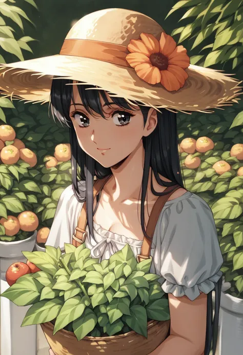 shoulder-length hair　black hair　home garden　have vegetables　smile　farms in the background　summery outfit　straw hat