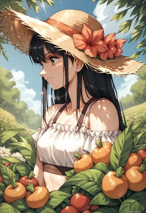 shoulder-length hair　black hair　home garden　have vegetables　smile　farms in the background　summery outfit　straw hat