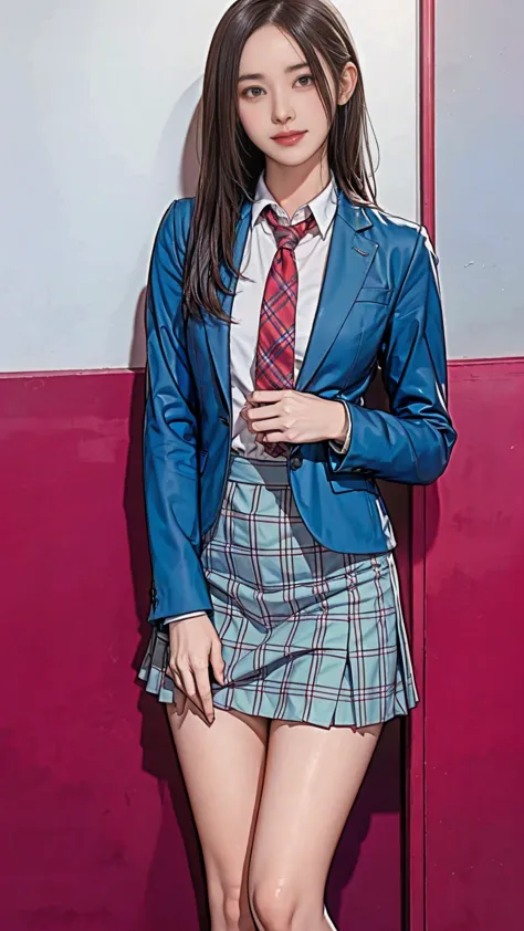 ((masterpiece)),(((best quality))),thin thighs,long legs,girl standing in school,red tie uniform,dark blue blazer,blue plaid ski...