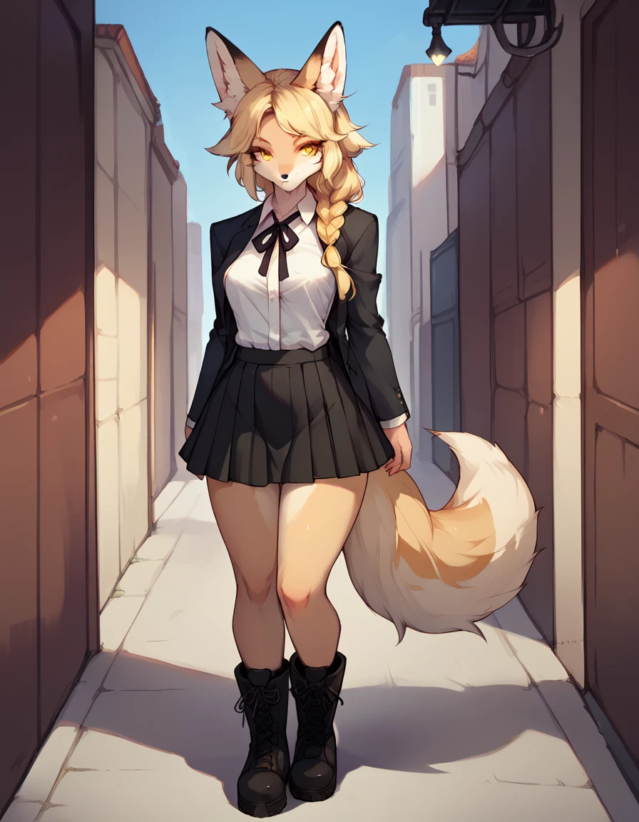 Solo, score_9, score_8_up, score_7_up, score_6_up, score_5_up, score_4_up, kemono style, Anthro, a cute yellow furry fox girl, Kimiko, blonde braided hair, yellow eyes, yellow furry body, fox ears and tail, standing, wearing white dress shirt, black blazer. black skirt, black combat boots