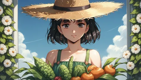 shoulder-length hair　black hair　home garden　have vegetables　smile　farms in the background　summery outfit　straw hat