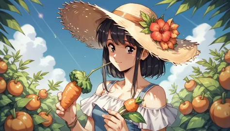 shoulder-length hair　black hair　home garden　have vegetables　smile　farms in the background　summery outfit　straw hat