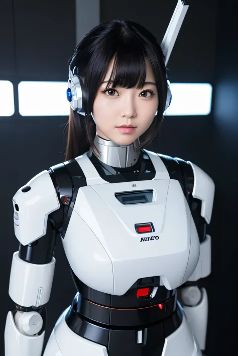 masterpiece, best quality, extremely detailed,  Japaese Cyborg girl,Plump , control panels,android,Droid,Mechanical Hand, Robot arms and legs, Black Robot Parts,Black hair,Mechanical body,Blunt bangs,White robotics parts,perfect robot girl,long tube,thick cable connected her neck,ceramic body ,mechanical body, mechanical ear cover, mechanical costume,android,robot,humanoid,cyborg,japanese android woman ,mechanical chest,full eyes,future laboratory,connecting a cable between the legs,