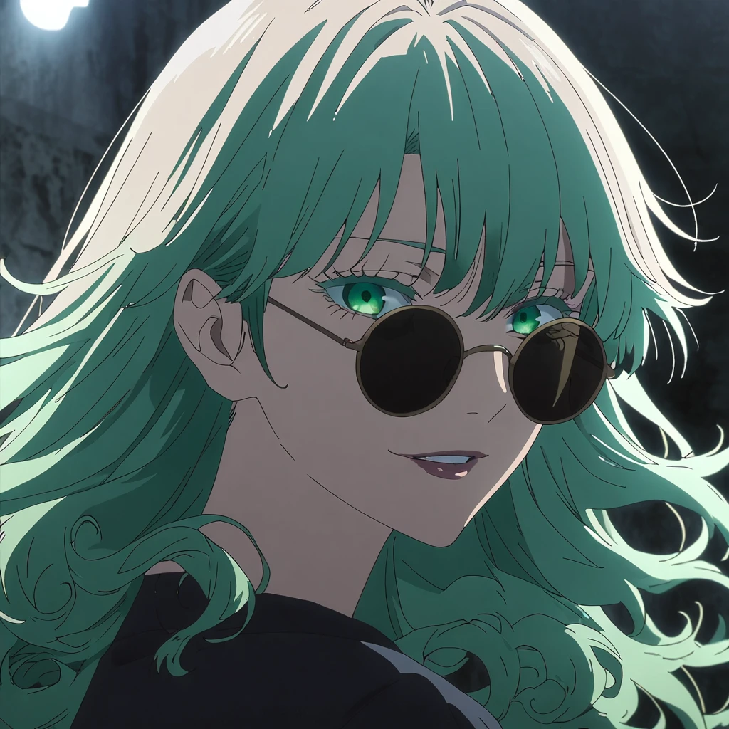 1 Mädchen, female gojo sbeioru, Anime-Screencap von Jujutsu Kaisen, gojo sbeioru female version, Allein, lang_Green Haar, Schwarz round sunglasses, grüne Augen, getrennt_Lippen, lächelnd, suchen_bei_Zuschauer, Perfekter Hintergrund, drinnen, Seitenansicht, Weiß_Haar, bangs, Wimpern, Porträt, Schwarz_Hemd, Hemd, Haar_zwischen_Augen, flobeiing Haar, (curly Haar) ((Mondlicht auf dem Charakter)) 