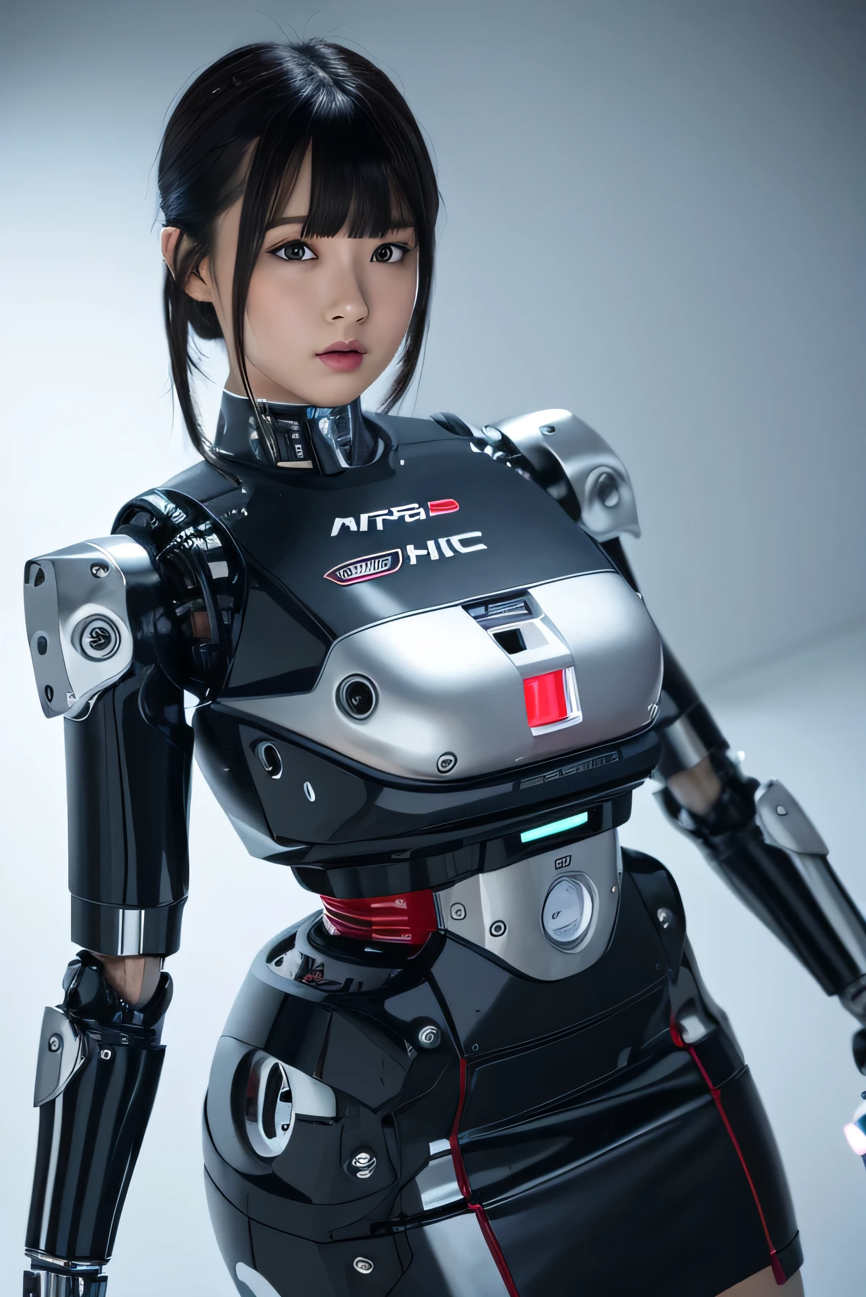 masterpiece, best quality, extremely detailed, Japaese android girl,Plump , control panels,android,Droid,Mechanical Hand, Robot arms and legs, Black hair,Blunt bangs,perfect robot girl,long tube,thick cable connected her neck,android,robot,humanoid,cyborg,japanese cyborg girl ,future laboratory,connecting a cable between the legs,skirt, high socks