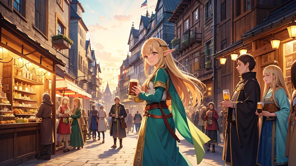 Anime style illustration of a fantastic bustling medieval street during a festival. Intricate vertical architecture with wood and stone buildings, pointed arches and towers rising into a bright blue sky. Narrow streets filled with people in fancy clothes. Garlands of lights and colored pennants cross the street. Spotlight, a young smiling elf woman with long blonde hair and pointed ears, wearing a traditional costume and holding a mug of beer. Warm, golden sunset lighting creates a cozy and festive atmosphere. Detailed and vibrant animation style, reminiscent of the works of Studio Ghibli mixed with elements of role-playing games. Rich, saturated colors, especially in warm tones: golden, brown, green and blue. Meticulous attention to background details and textures. The general atmosphere is happy and magical, capturing the essence of a fantasy world in full celebration