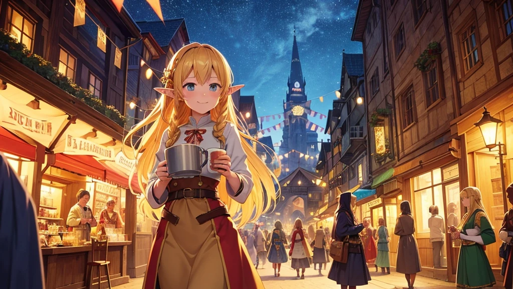 Anime style illustration of a fantastic bustling medieval street during a festival. Intricate vertical architecture with wood and stone buildings, pointed arches and towers rising into a bright blue sky. Narrow streets filled with people in fancy clothes. Garlands of lights and colored pennants cross the street. Spotlight, a young smiling elf woman with long blonde hair and pointed ears, wearing a traditional costume and holding a mug of beer. Warm, golden sunset lighting creates a cozy and festive atmosphere. Detailed and vibrant animation style, reminiscent of the works of Studio Ghibli mixed with elements of role-playing games. Rich, saturated colors, especially in warm tones: golden, brown, green and blue. Meticulous attention to background details and textures. The general atmosphere is happy and magical, capturing the essence of a fantasy world in full celebration