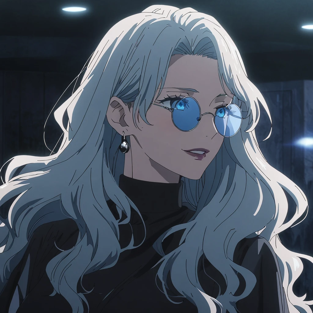 1girl, female gojo satoru, anime screencap from jujutsu kaisen, gojo satoru female version, solo, long_hair, ((Blue eyes, round sunglasses)) ((Silver_hair, wavy hair )) , night view, (hanging breasts) upper_body, smile, indoors, parted lips, (long hair) ((wearing black colour outfit, glossy)) breast, "very detailed and high resolution" (Blue eyes, round sunglasses ) ((solo)) (((front view))) (earings) ((high resolution)) ((good quality)) ((silky hair, wavy hair )) ((parted lips)) ((upper body))