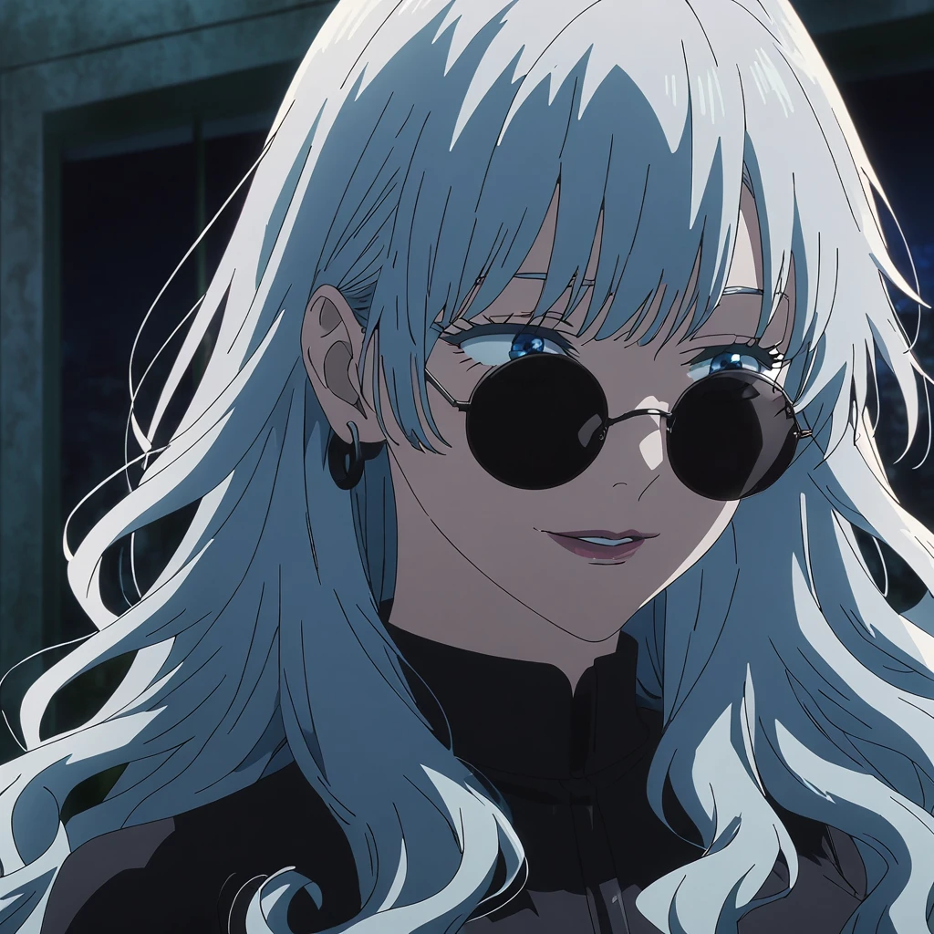 1girl, female gojo satoru, anime screencap from jujutsu kaisen, gojo satoru female version, solo, long_hair, ((Blue eyes, round sunglasses)) ((Silver_hair, wavy hair )) , night view, (hanging breasts) upper_body, smile, indoors, parted lips, (long hair) ((wearing black colour outfit, glossy)) breast, "very detailed and high resolution" (Blue eyes, round sunglasses ) ((solo)) (((front view))) (earings) ((high resolution)) ((good quality)) ((silky hair, wavy hair )) ((parted lips)) ((upper body))