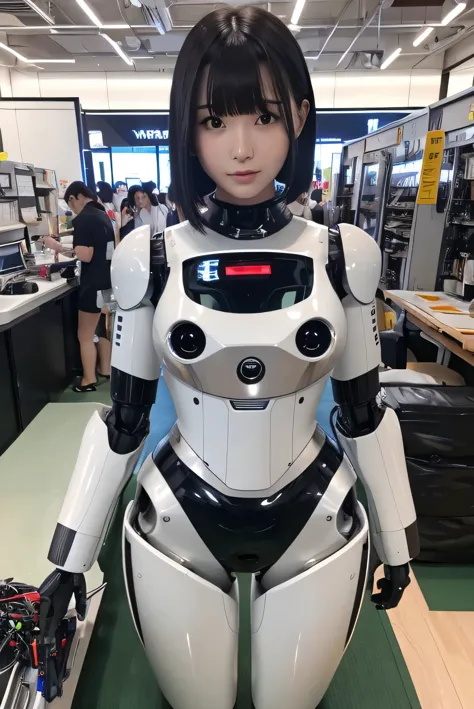 masterpiece, best quality, extremely detailed, Japaese android girl,Plump , control panels,android,Droid,Mechanical Hand, Robot arms and legs, Black hair,Blunt bangs,perfect robot girl,long tube,thick cable connected her neck,android,robot,humanoid,cyborg,japanese cyborg girl ,robot-assembly plant,She is assembling now,assembly scene