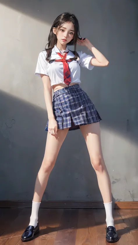 ((masterpiece)),(((最high quality))),(((((Full body shot of a girl taken from the floor:1.7))))),((Photograph the whole body from knee height:1.6)),((((((脚を揃えてPlease stand up straight:1.9)))))),((Thin thighs:1.3)),((Long legs:1.4)),(((Girl standing in a school classroom:1.7))),(((Micro Mini Skirt Uniform:1.6))),((スリムなModel body type:1.8)),((Japan  in summer uniform:1.8)),((Wearing a red tie:1.5)),(Wearing a white shirt with short sleeves:1.3),Her erect nipples are clearly visible under her clothes.,(Navy blue checked micro mini skirt:1.7),(16 years old:1.3),bangs,A small smile,((cute女の子)),Slender girl,Black Loafers,(((short white socks up to the ankles,:1.2))),cute,The thighs below the groin are slim and firm,cute,Black hair ponytail,Thin legs,スリムなModel body type,Very small waist,Small hips,Long thighs,Thin thighs,Thin hands,Long hands,((((Full body from belowを撮影する:1.5)))),(((((k-popのIVEのWONYOUNGにそっくりの女の子:1.9))))),((Turn your whole body straight ahead:1.8)),((expensive:1.4)),(Stand with your legs straight without bending your knees:1.7),((Please stand up straight:1.7)),((turn your hips forward:1.7)),The ankles are super thin,beauty,Fine skin,Firm Skin,引き締まったThin legsの肌を細部までリアルに再現,Very detailed, Attention to detail,high quality,Awards,High resolution,(Anatomically correct:1.3),(8k,RAW Photos,最high quality,masterpiece:1.5),(((Photographing a girl&#39;Full body from below))),(((She is taking a picture with three other girls from her class.:1.5))),3人ともスリムでcute,Height 173cm,((脚を揃えてPlease stand up straight:1.7)),((脚を揃えてPlease stand up straight:1.7)),((脚を揃えてPlease stand up straight:1.5)),((脚を揃えてPlease stand up straight:1.7)),(((Keep your back straight:1.8))),((Look forward:1.2)),9頭身beauty,Model body type,((Inseam is half the height:1.3)),Thin thighs,((k-popのIVEのWONYOUNGにそっくりの女の子:1.5)),Tiny and slim waist