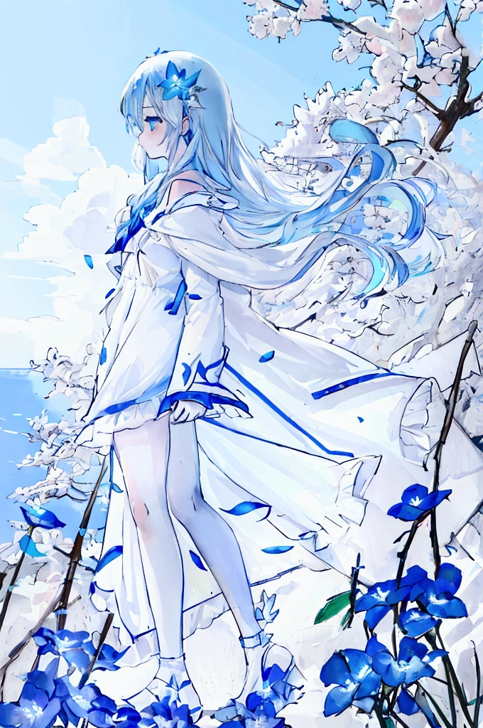 (Absurd, High resolution, Super detailed, Ticker, Cinematic), Solo, 1 Girl, Middle age, The happi coat is open, girl standing in Light Blue flower field, Light Blue flower petal surrounding girl, Full Body, Girl with long blue hair, Light Blue hair, Fantasy, dream, snow, Official Art, Pop Art, Profile, Super detailed face, Super detailed eyes, Light Blue flower field, Super detailed field, Slutty White blue sky, Cold-hearted, Light Blue, Slutty White, Sky nebula, Blue Tree, Watercolor, Color Pastel