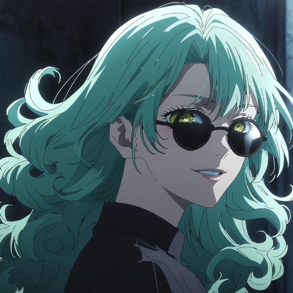 1girl, female gojo satoru, anime screencap from jujutsu kaisen, gojo satoru female version, solo, green hair, long_curly hair, black round sunglasses, Yellow Eyes, parted_lips, smiling, looking_at_viewer, perfect background, indoors, side view, white_hair, bangs, eyelashes, portrait, black_shirt, shirt, hair_between_eyes, floating hair, (curly hair) ((moonlight on the character)) 