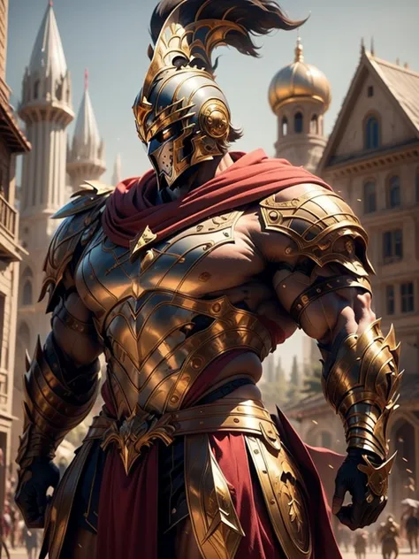 a beautiful warrior in golden Greek armor, Bblack hair, hoplite helmet, muscular, huge and heavy breasts, looking ahead at viewe...