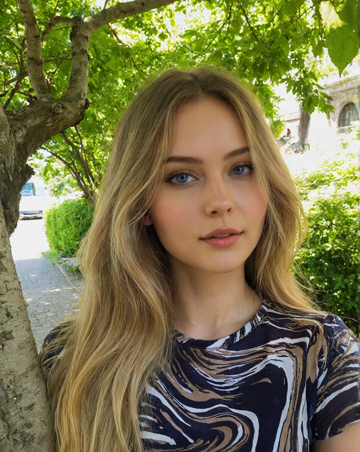 blonde with long hair and blue eyes stands in front of a tree, portrait of Sophie Mudd, dasha taran, Anna Nikonova, aka Newmilky, style of Yulia Razumova, Sidney Sweeney, anastasia ovchinnikova, Yulia Gorokhova, yelena belova, Angelina Stroganova, perfect face )