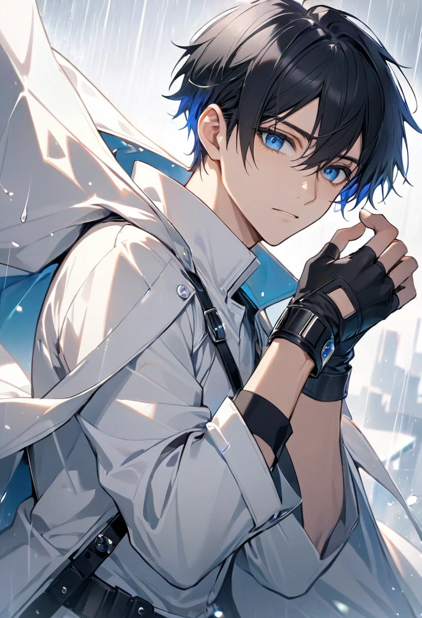 male, adult male, black hair, very short hair, blue eyes, white shirt, white raincoat, black gloves, short gloves, fingerless gloves 