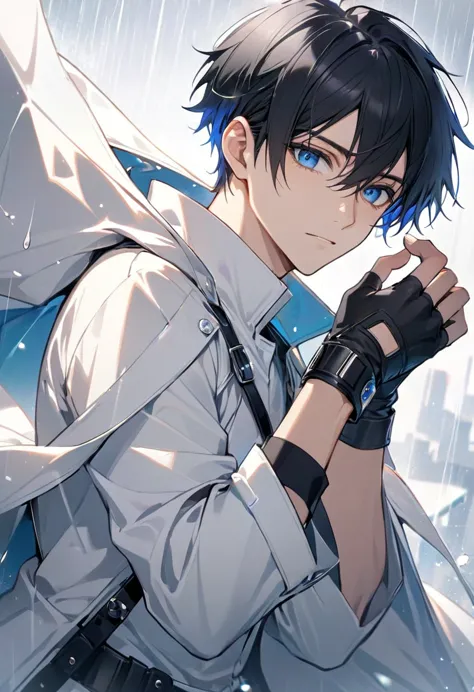 male, adult male, black hair, very short hair, blue eyes, white shirt, white raincoat, black gloves, short gloves, fingerless gl...