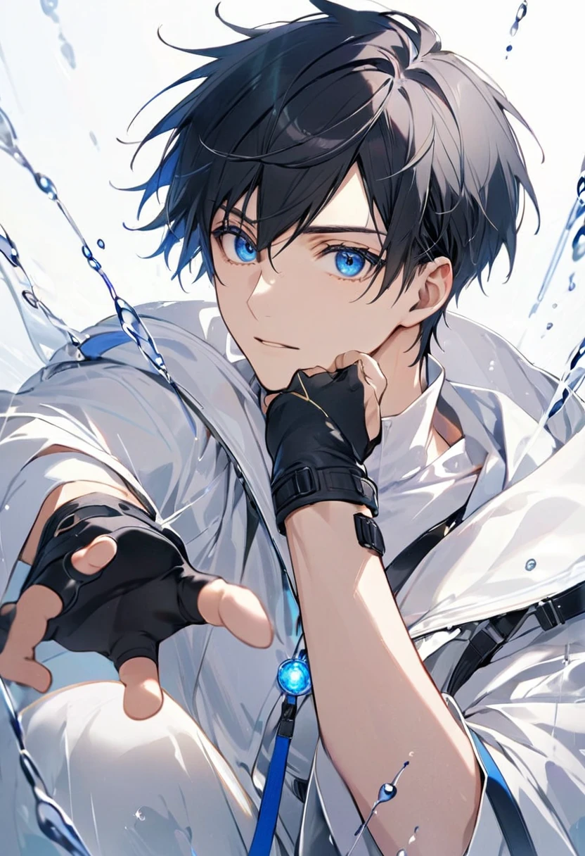 male, adult male, black hair, very short hair, blue eyes, white shirt, white raincoat, black gloves, short gloves, fingerless gloves 