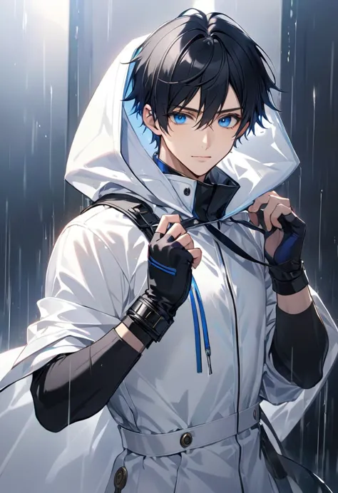 male, adult male, black hair, very short hair, blue eyes, white shirt, white raincoat, black gloves, short gloves, fingerless gl...