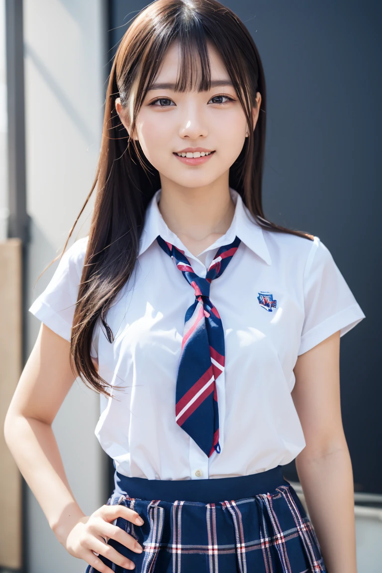 ((school uniform)),ribbon at neck,(school uniform and ((Plaid navy skirt)) and white shirt:1.1), Skin color, big , smile, (8k, RAW Photos, Highest quality, masterpiece:1.2), masterpiece, super detailed, super high quality, (Realistic and Realistic photography:1. 37), High-resolution RAW color photos, Very delicate and beautiful, highly detailed, 8k壁紙, wonderful, detailed, Very eye, very detailed, very detailed skin, very thin fingers, very detailed nose, very detailed mouth, Perfect Anatomy, Upper Body, studio, Soft lighting, A full-body shot of a cute idol wearing a one-piece swimsuit, Playful pose, Hands on hips, smile, Pastel Background, Realistic, Attention to detail, studio photography