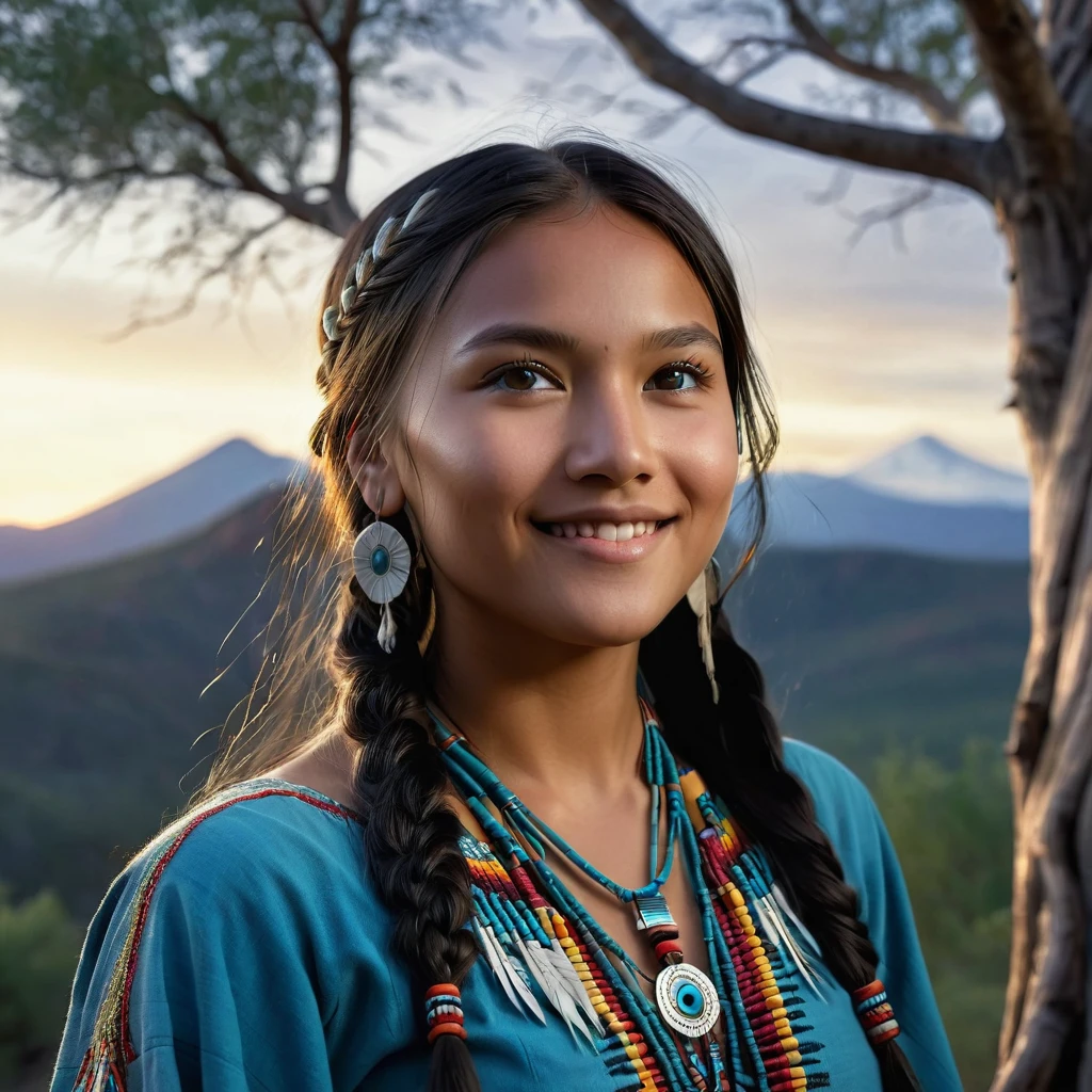 (grainy:0.5), cinematic, beautiful girl,native american,fantasy,(solo:1.3), detailed eyes, detailed face, detailed native american clothing , volumetric lighting, dusk, extremely detailed background, standing next to tree and mountain, smiling, half closed eyes, tilted head, from side