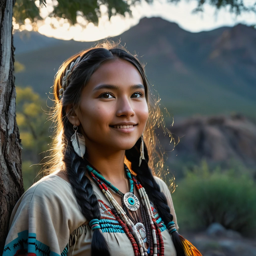 (grainy:0.5), cinematic, beautiful girl,native american,fantasy,(solo:1.3), detailed eyes, detailed face, detailed native american clothing , volumetric lighting, dusk, extremely detailed background, standing next to tree and mountain, smiling, half closed eyes, tilted head, from side