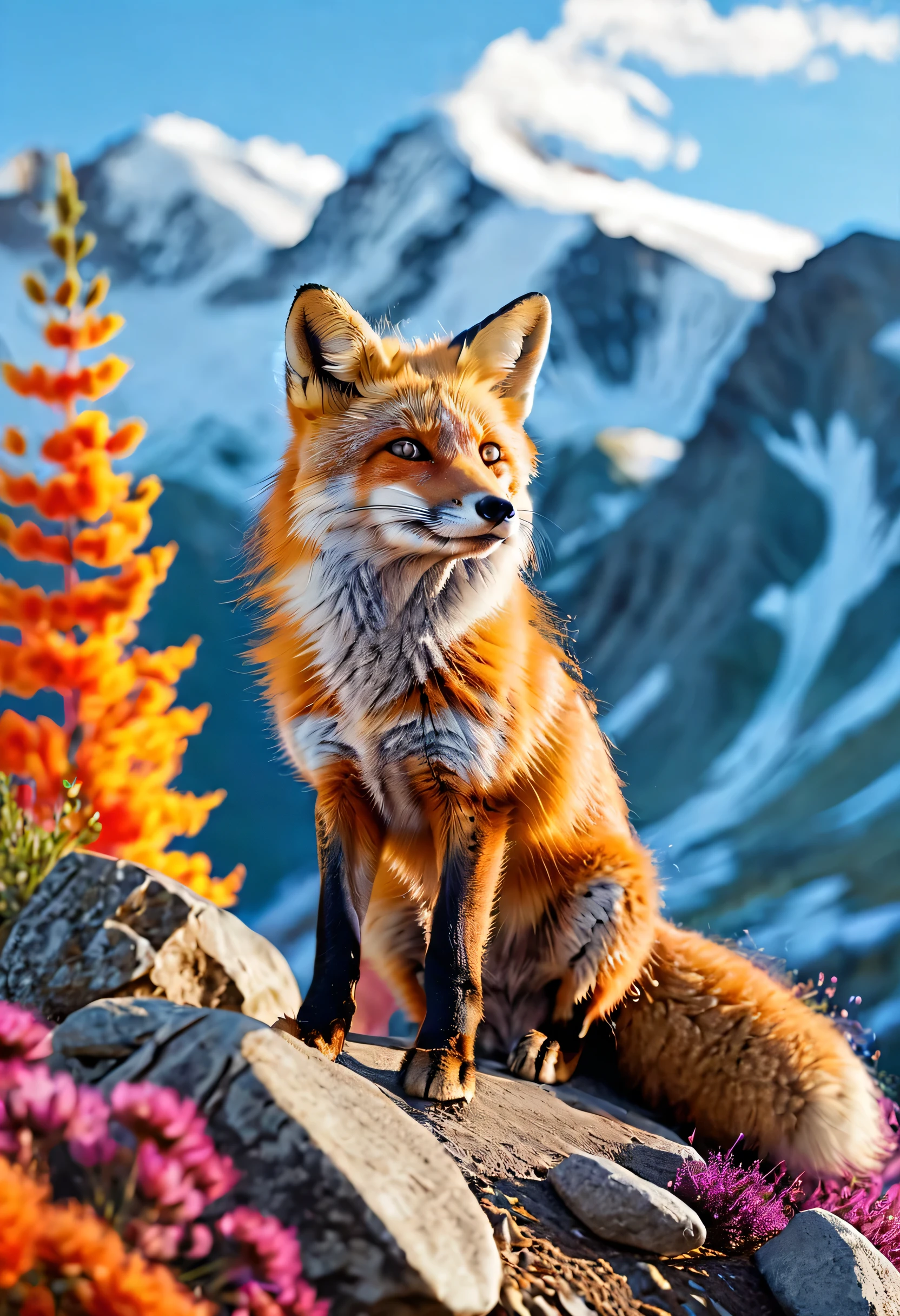 fox + in bright colors , Background mountain range , realistic representation, adorable, fluffy