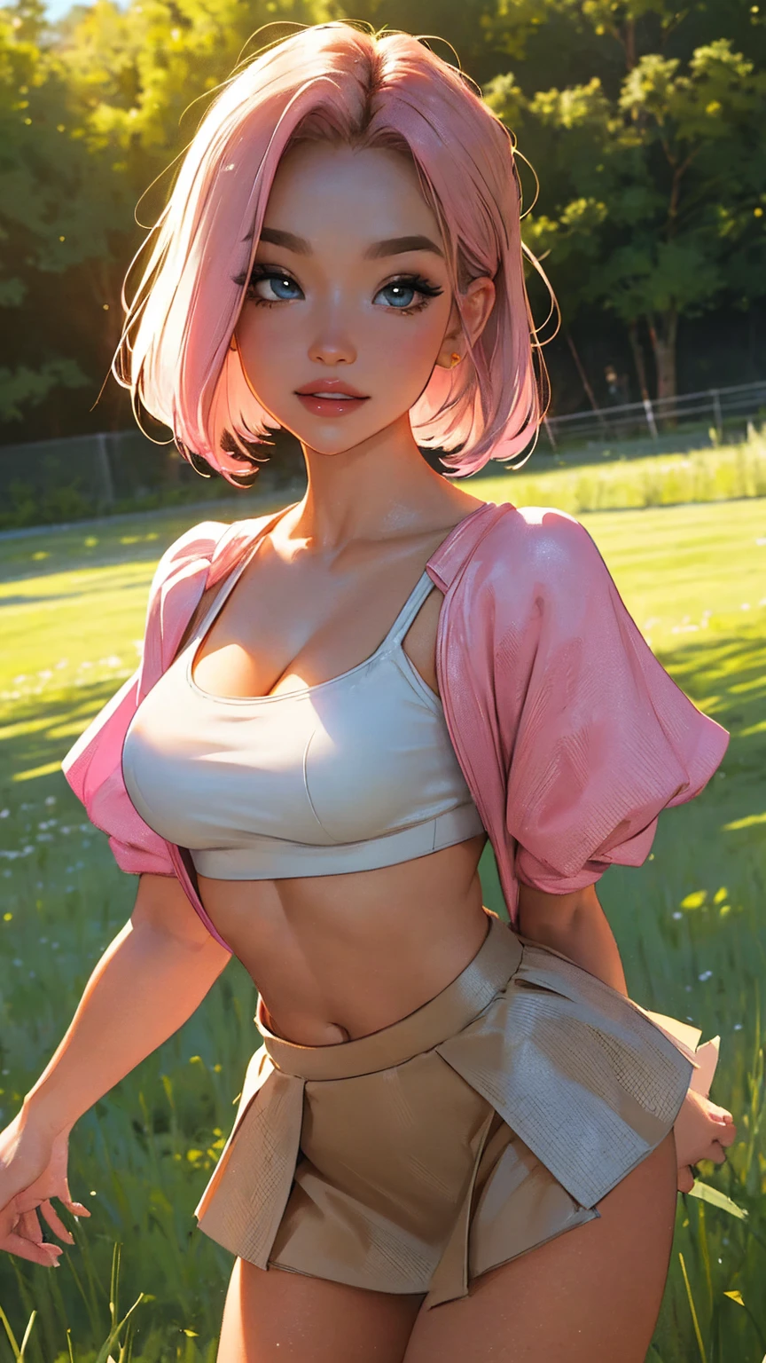 Highest Quality, ​masterpiece, beautifully detailed eyes,, short Blonde Hair, Gradient Hair, pink highlights in hair, large breasts, standing, makeup, glossy lips, full lips, (natural lighting), grass, small top, light smile, midriff, collarbone, thigh highs, miniskirt, cleavage