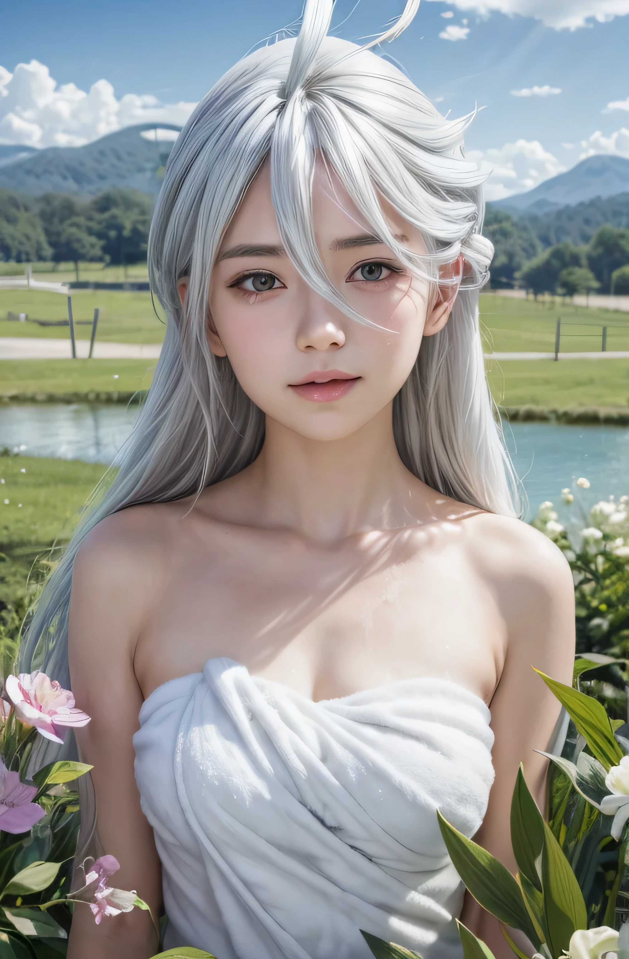 masterpiece, best quality, (realistic,photo-realistic:1.4), (RAW photo:1.2), extremely detailed CG unity 8k wallpaper, delicate and beautiful, amazing,finely detail, official art, absurdres, incredibly absurdres, huge filesize, ultra-detailed,extremely detailed eyes and face,light on face,miorine rembran,(little smile),(white hair:1.4),(long hair:1.4),(wearing towel:1.4),(nature background),(ahoge:1.5)