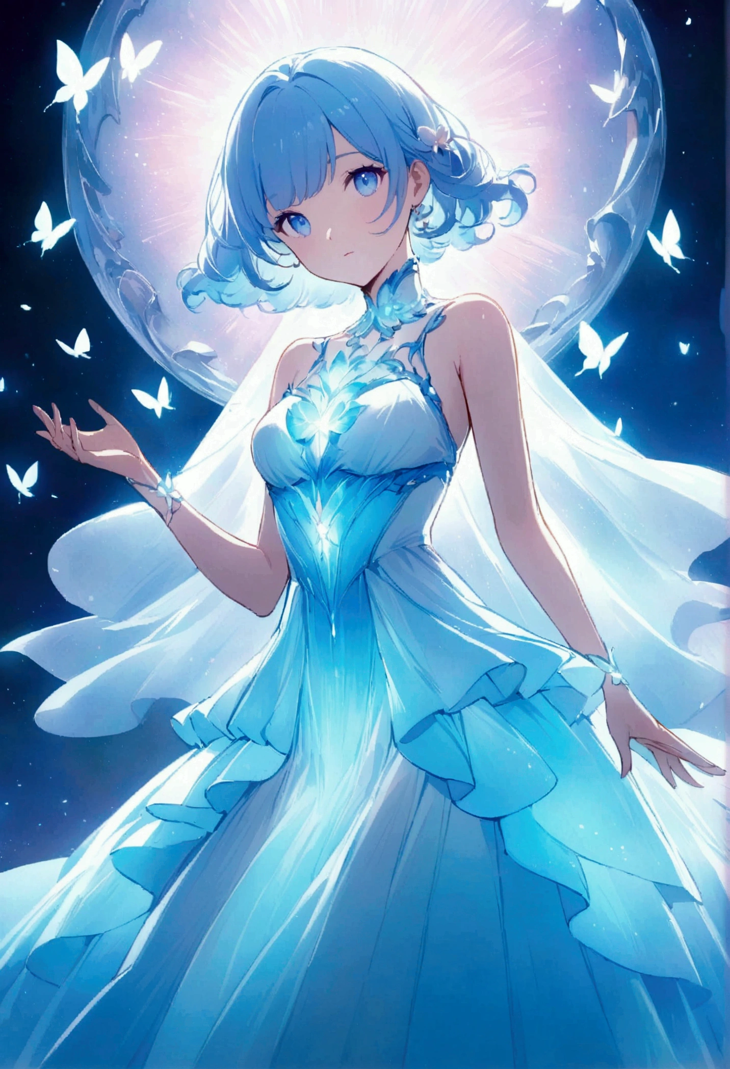 Create an anime-style digital illustration featuring a young woman with short, pastel blue hair and striking blue eyes. She should be wearing a white, flowy dress that shimmers with reflective light. The background should be ethereal, with soft pink and blue hues, giving a dreamlike atmosphere. Include elements like delicate glowing butterflies and sparkling light effects to enhance the magical feel of the scene. Ensure the lighting highlights the character's features, adding a soft glow around her to create a serene and enchanting mood.bioluminescent dress