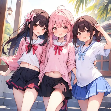 ((日本人のgirl1人、aldult)), ( small)), Black Hair、Brown Hair、masterpiece, 最high quality, high quality, Highly detailed 8K wallpapers,On top of the mountain、Pink Hair、Tropics、Extreme heat、Heavy breathing、breathe、Sweat、Head ornament、Long Hair、Moist eyes、cute girls、Cute Female、Bold Pose、(Open your mouth、Small double tooth、Embarrassed face、Crying face、Crying loudly、pain、it hurts)、Hip Swing、Waiting for ice cream、No fixes、Rippled Skin、(girl、Moe sleeves、Cute casual clothes、ribbon、Squid Belly、Wearing pink)、（No underwear）、Beautiful flat breasts、（激しいSweat）、(Saliva volume:1.4）、(Elementary school girl、Cute belly、Before menarche、Abdominal distention、Cute Pants）、（stroking the stomach:2）、(A comfortable face、Beautiful Face）、（serving）、（Trembling in the lower back:2）、Life-size、In front of the camera、Walk with your feet together