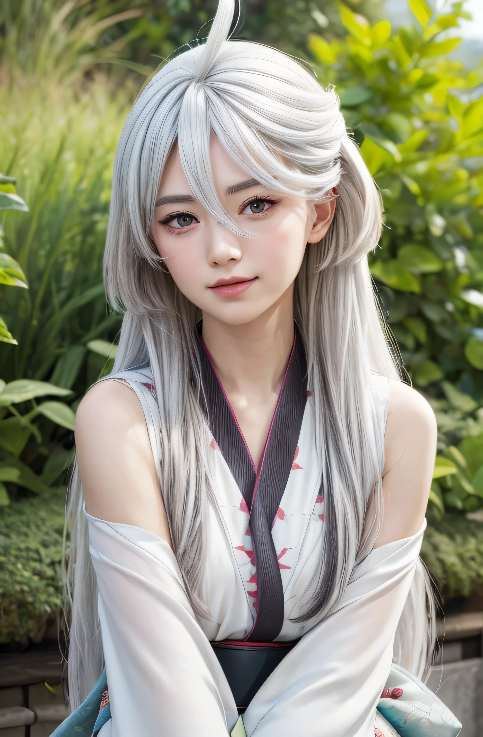 masterpiece, best quality, (realistic,photo-realistic:1.4), (RAW photo:1.2), extremely detailed CG unity 8k wallpaper, delicate and beautiful, amazing,finely detail, official art, absurdres, incredibly absurdres, huge filesize, ultra-detailed,extremely detailed eyes and face,light on face,miorine rembran,(little smile),(white hair:1.4),(long hair:1.4),(wearinng kimono:1.4),(nature background),(ahoge:1.5),detached sleeves