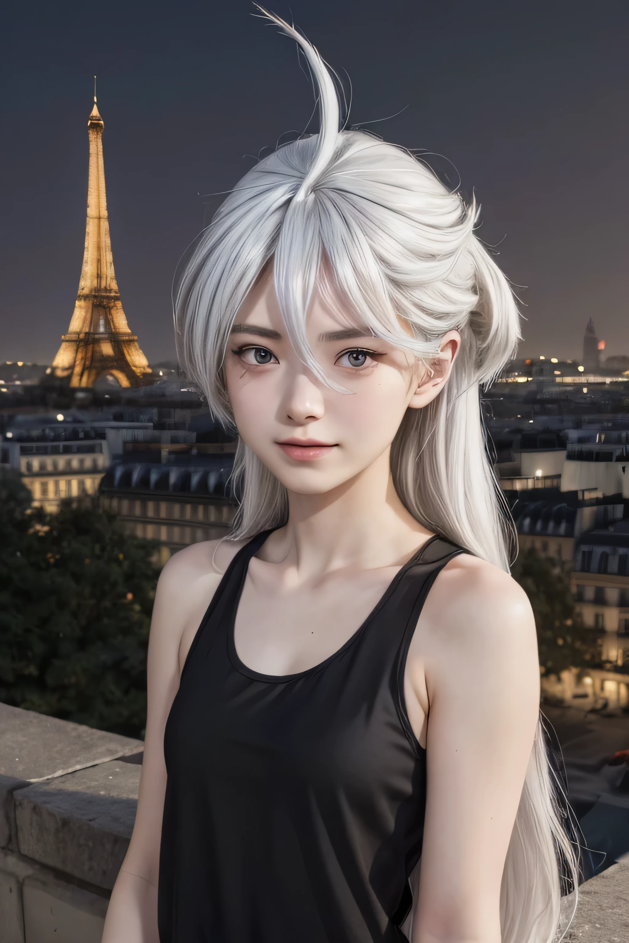 masterpiece, best quality, (realistic,photo-realistic:1.4), (RAW photo:1.2), extremely detailed CG unity 8k wallpaper, delicate and beautiful, amazing,finely detail, official art, absurdres, incredibly absurdres, huge filesize, ultra-detailed,extremely detailed eyes and face,light on face,miorine rembran,(little smile),(white hair:1.4),(long hair:1.4),(wearinng black tank top:1.4) (paris background),(ahoge:1.5),night