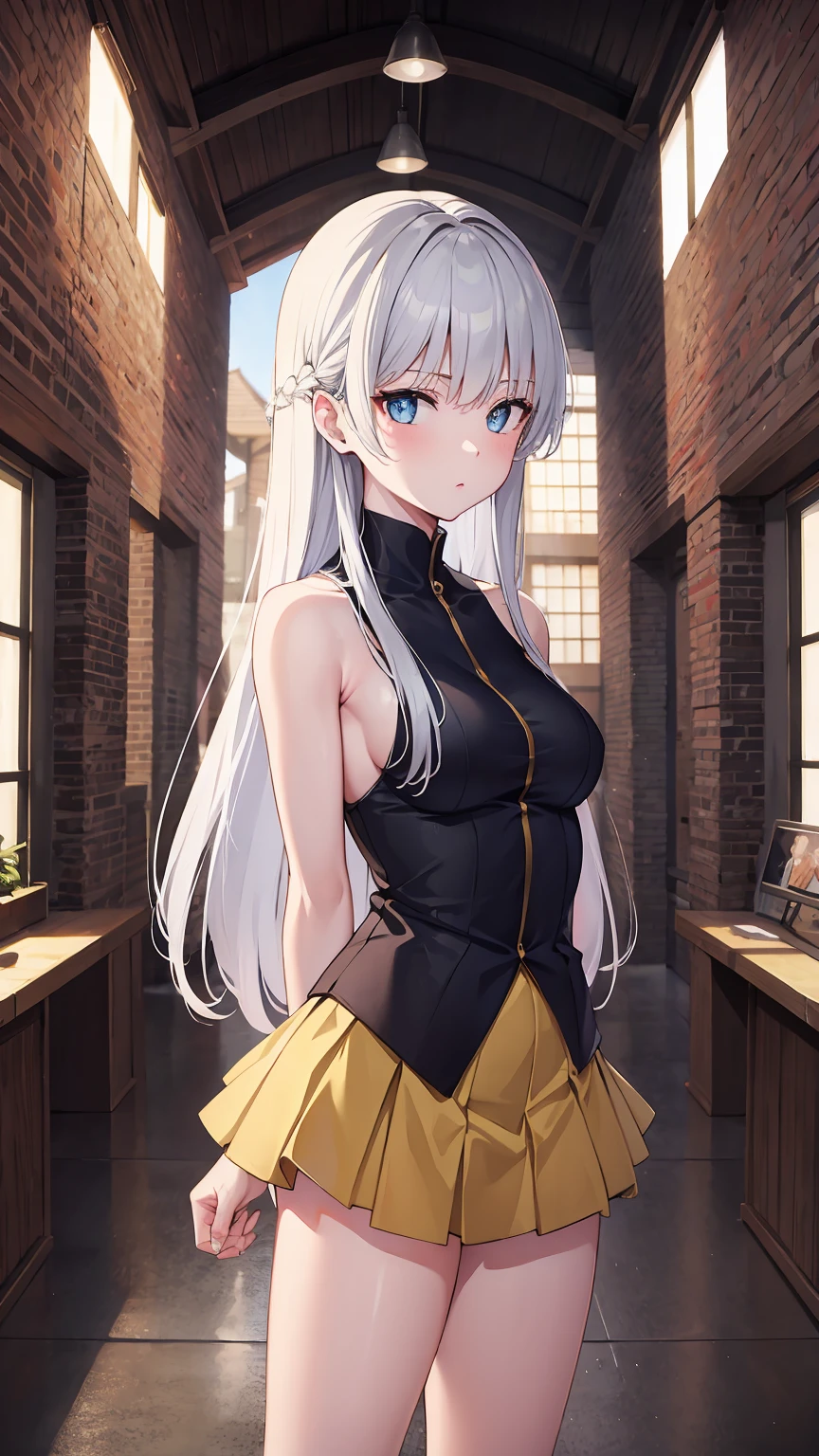 skirt, (Unbroken body), (Perfect body structure), (arms two), (legs two), highest quality, 4K, (High resolution: 1.3) masterpiece , 1.2, Super detailed, HDR, Studio Lighting, Sharp Focus, Bright colors, Portrait, Warm tones, Soft Lighting,Silver Hair、Blue Eyes、long hair, Standing picture