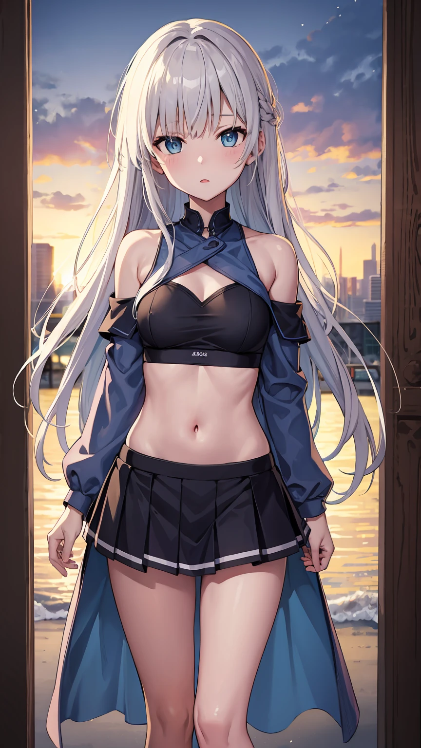 skirt, (Unbroken body), (Perfect body structure), (arms two), (legs two), highest quality, 4K, (High resolution: 1.3) masterpiece , 1.2, Super detailed, HDR, Studio Lighting, Sharp Focus, Bright colors, Portrait, Warm tones, Soft Lighting,Silver Hair、Blue Eyes、long hair, Standing picture