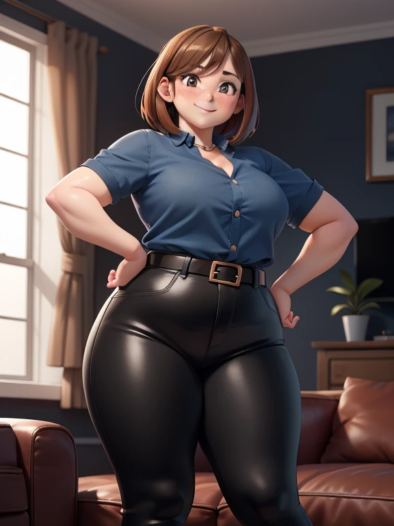 alta qualidade, melhor qualidade, lindo, iluminação perfeita, rosto detalhado, rosto maduro, ((1 garota)), ((Sozinho)), Imagine Ochaco Uraraka adulto, 4, milf, mais tamanho milf, Cabelo castanho curto, Olhos castanhos, ((corar)), sorriso, Olhando para o visualizador, calça de couro preta, camisa azul escura, cinto branco, Saltos brancos, ((seios médios)), quadris largos, coxas grossas, gordinho, alças de amor, topo de muffin, barriga redonda, intestino saliente, sala de estar, mãos nos quadris,
