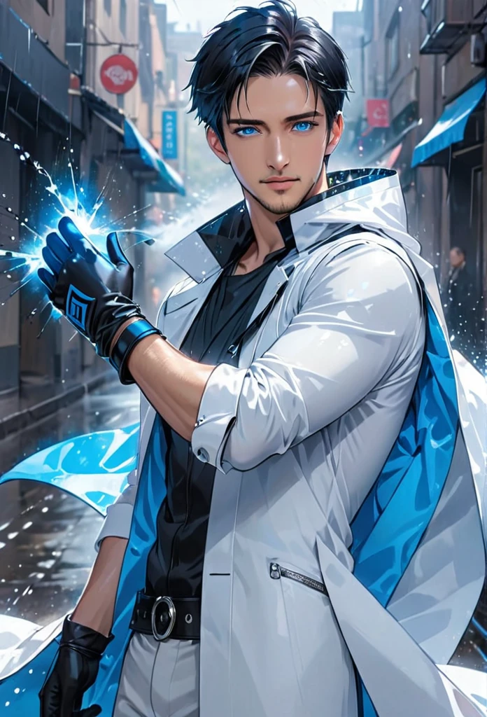 male, adult male, black hair, very short hair,open forehead, no bangs, stubble,blue eyes, white shirt, white raincoat, black gloves, short gloves, fingerless gloves 